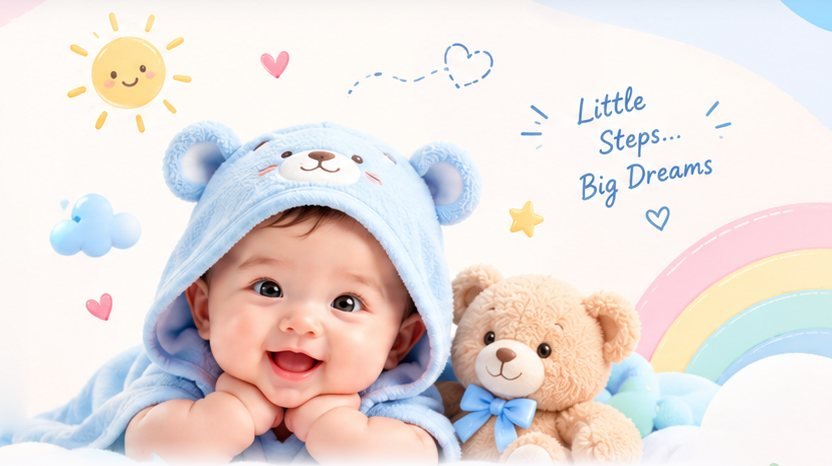 A smiling baby in a blue bear hoodie with a teddy bear, a rainbow and the words “Little Steps… Big Dreams”